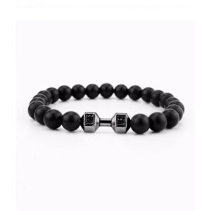 Handgjort Hantel Armband Gunmetal M. Svarta Stenpärlor