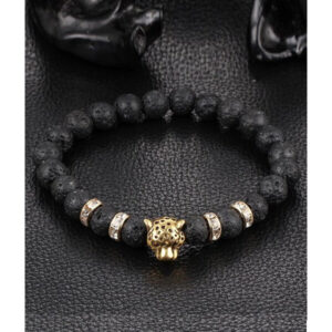 Handgjort Armband Guld Leopard Svarta Lavastenar