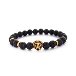 Handgjort Armband Proud Lion Lejonhuvud Guld Svarta Lavastenar