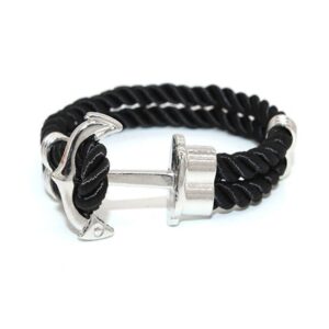 Handgjort Läderarmband Rep Med Ankare I Metall Svart/silver