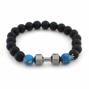 Handgjort Hantel Armband Gunmetal M. Svarta Stenpärlor