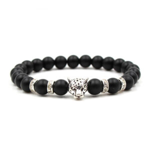 Handgjort Armband Svart Lavasten Och Silver Leopard