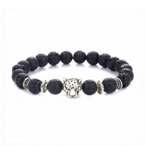 Handgjort Armband Svart Lavasten Och Silver Leopard Huvud