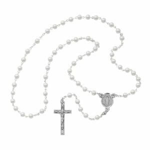Långt Radband Halsband av Vitt Glas Metall Vita Glaspärlor Rosary