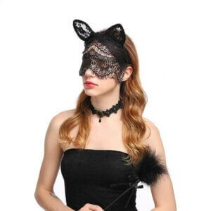 Svart ogonmask med kaninoron spets lace maskerad utkladnad fest halloween mask