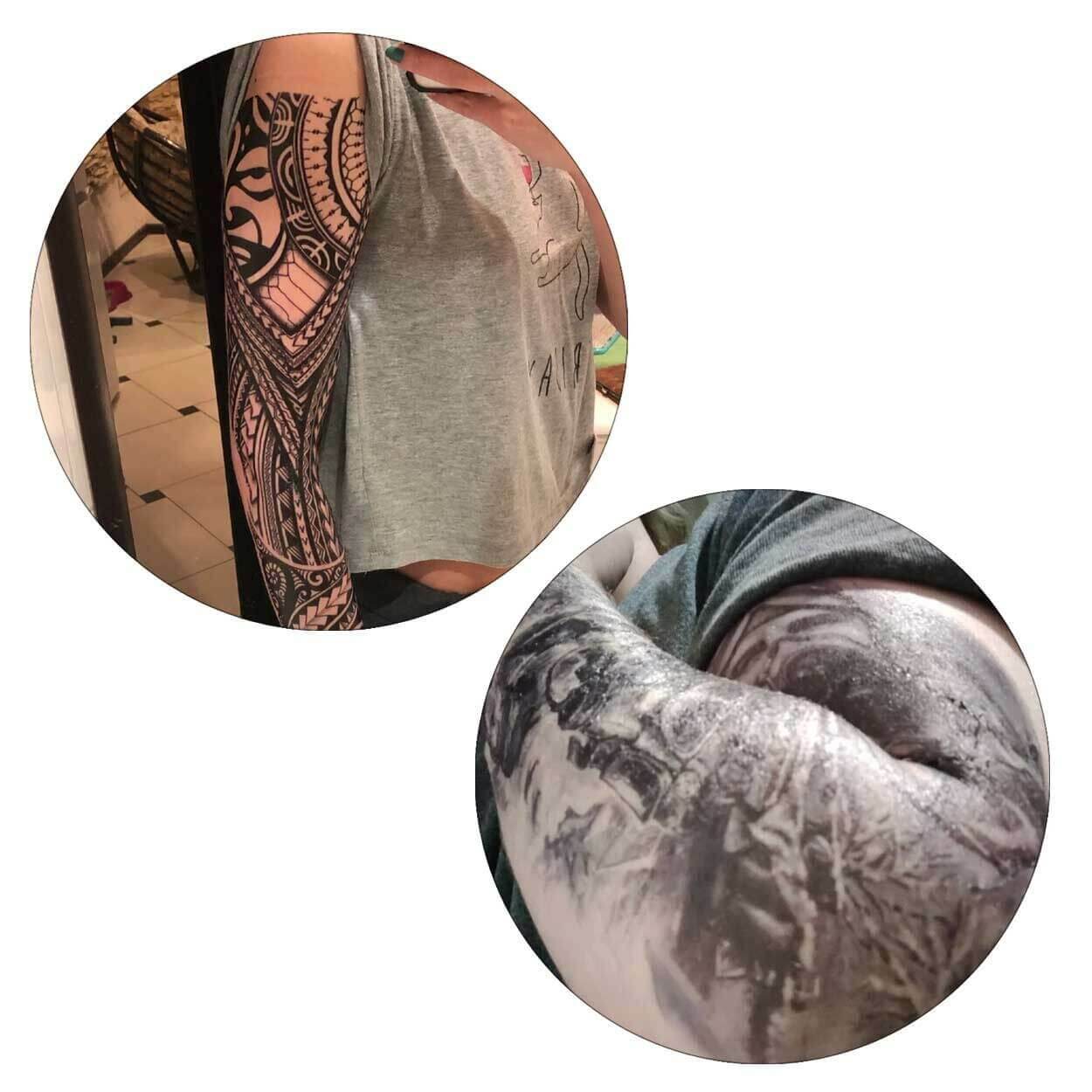 Exempel på fake sleeve tatueringar på män och kvinnor från Megabilligt.se