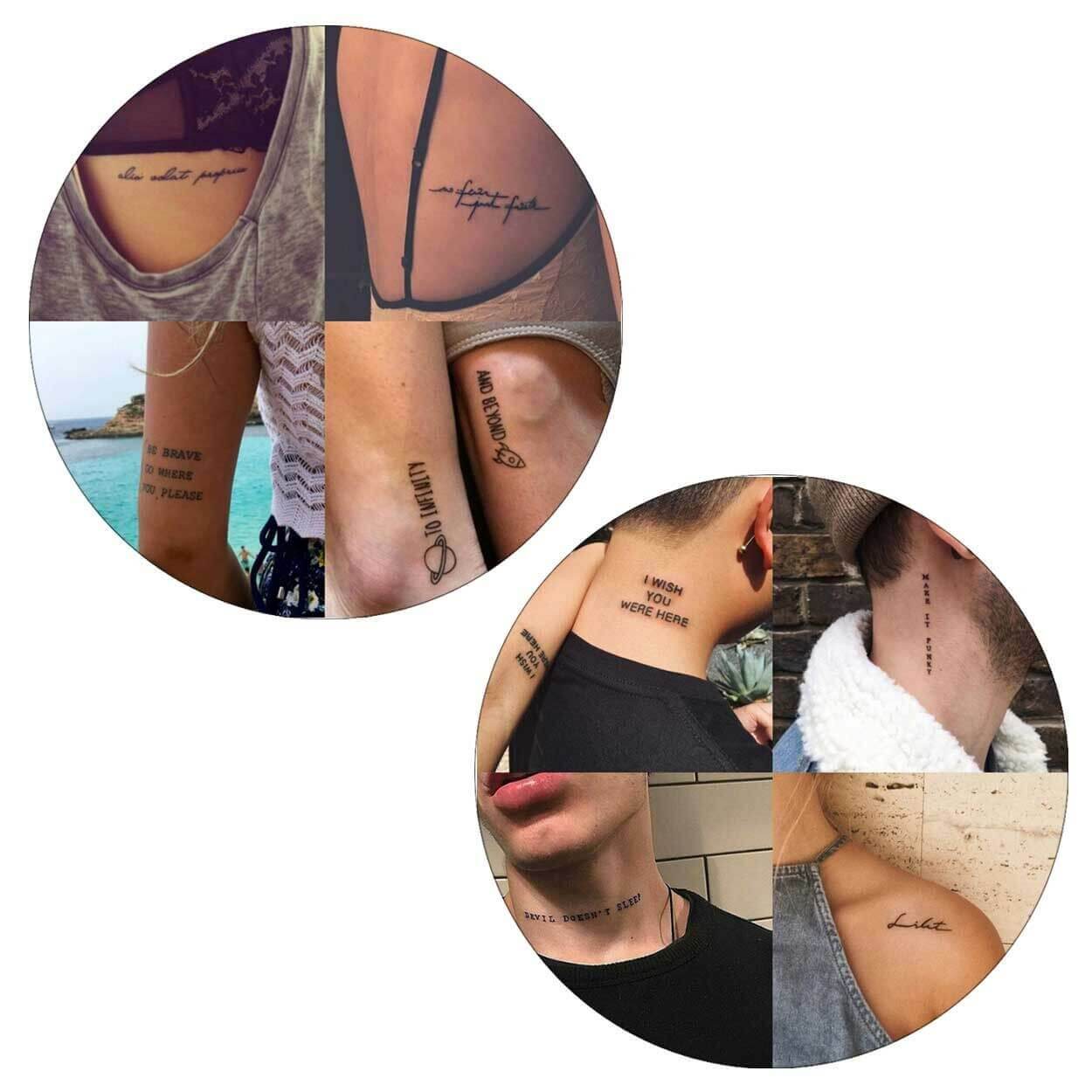 Exempel på fake tatueringar med text på män och kvinnor från Megabilligt.se