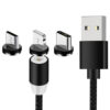 Magnetisk 3-i-1 laddkabel usb/micro/typ-c/lightning 1m svart