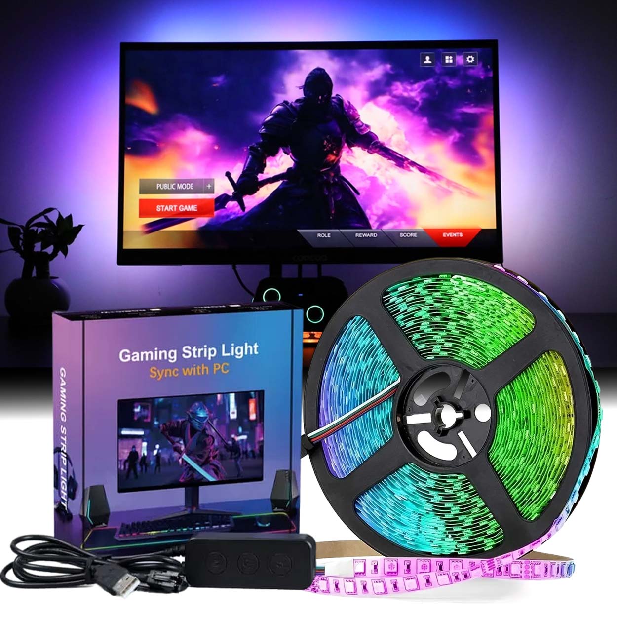Gaming ambilight rgbic led för 27" skärm – pc sync, flerfärgad