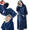 Varm oversized sweatshirtfilt med huva – extra tjock, mjuk och lång fleecefilt i XXL-storlek med fickor, blå