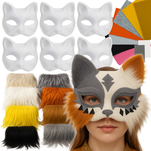 Diy-kattmasker 6-pack med filt, fuskpäls och dekorationer – therian pysselset för barn, kalas och maskerader