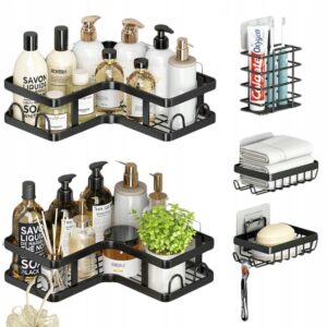 Självhäftande Badrumshyllor | Set med 2 Hörnhyllor och 3 Korgar Svart
