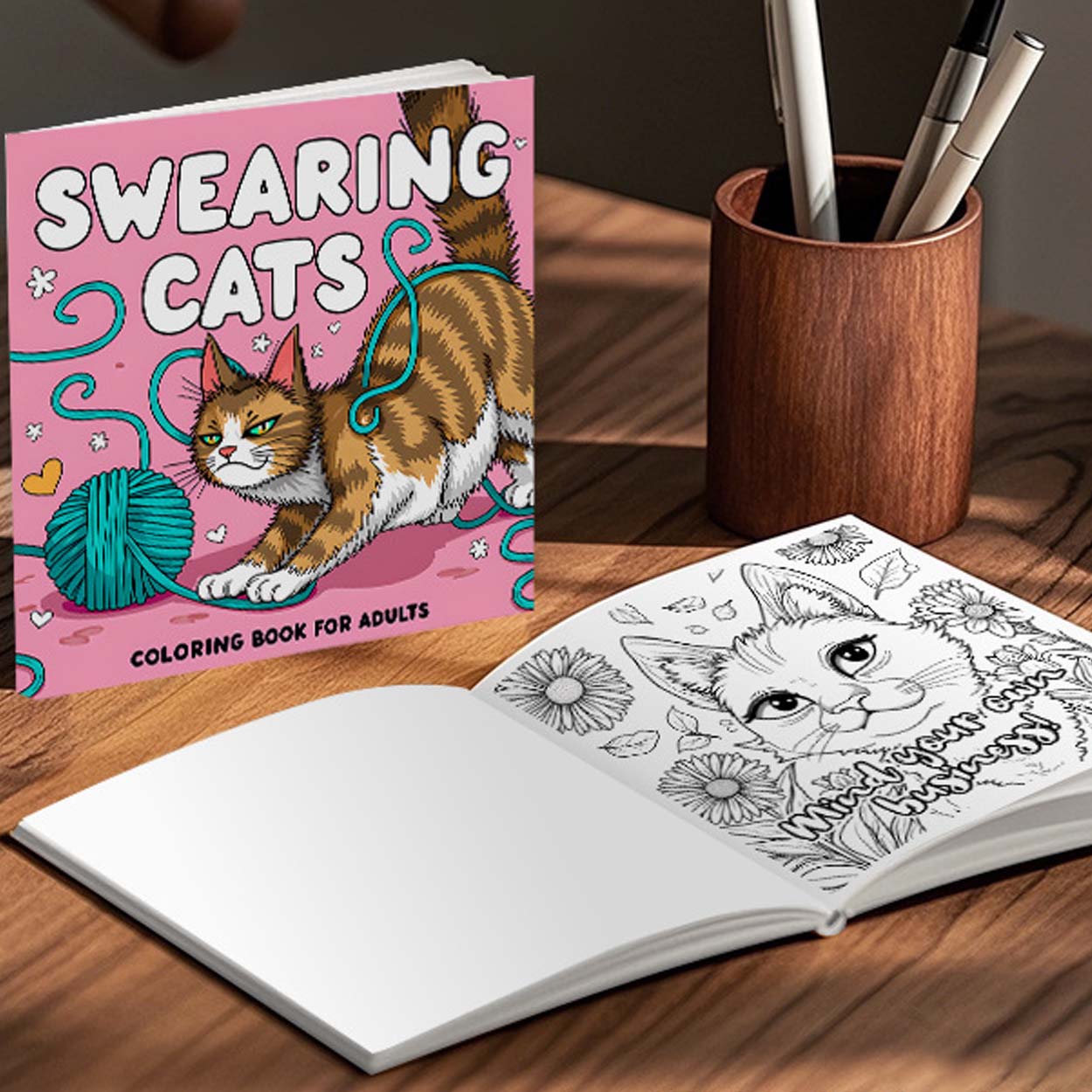 Swearing cats målarbok för vuxna – 24 sidor roliga kattillustrationer med svordomar, avkopplande och kreativt färgande, 20x20 cm - bild 6