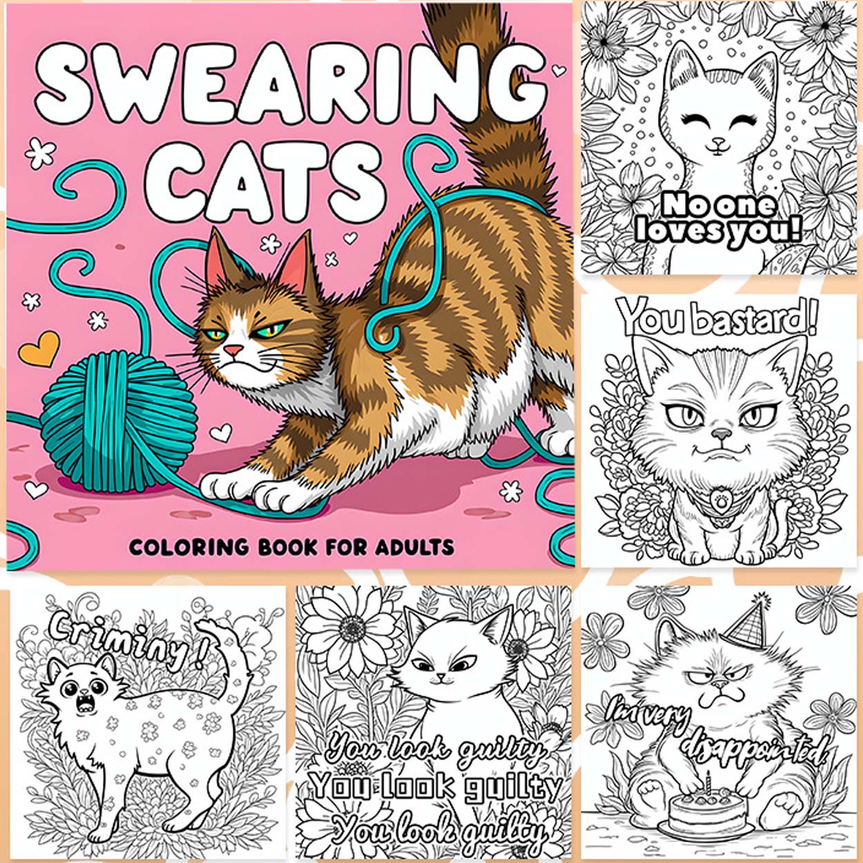 Swearing cats målarbok för vuxna – 24 sidor roliga kattillustrationer med svordomar, avkopplande och kreativt färgande, 20x20 cm - bild 4