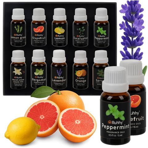 10-pack eteriska oljor 15ml | eukalyptus, mynta, lavendel, apelsin, tall, citron, syren, grape, bergamott och citrongräs