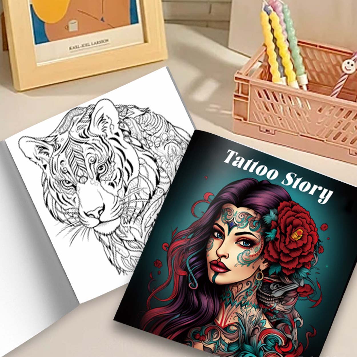 Målarbok för vuxna 24 sidor 20x20 cm – tattoo story med tatueringsmotiv - bild 2