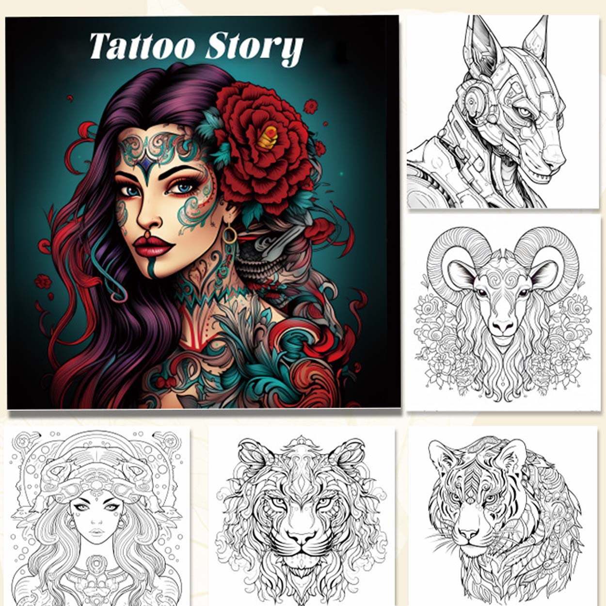 Målarbok för vuxna 24 sidor 20x20 cm – tattoo story med tatueringsmotiv - bild 3