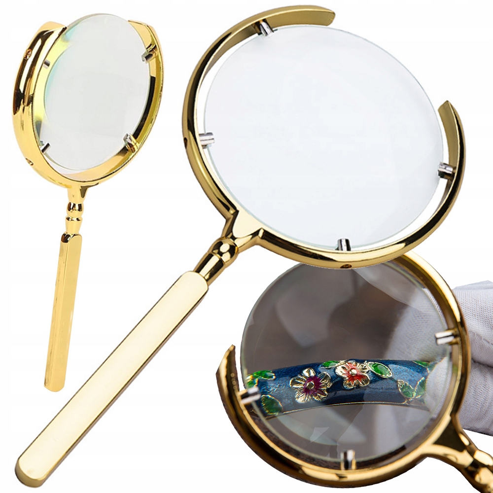 Förstoringsglas 6x – stort läsglas med metallram (guld)