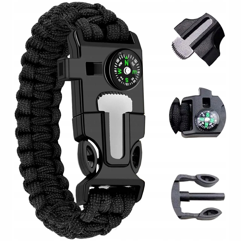 Paracord armband 5-i-1 svart – kompass, tändstål, visselpipa för överlevnad