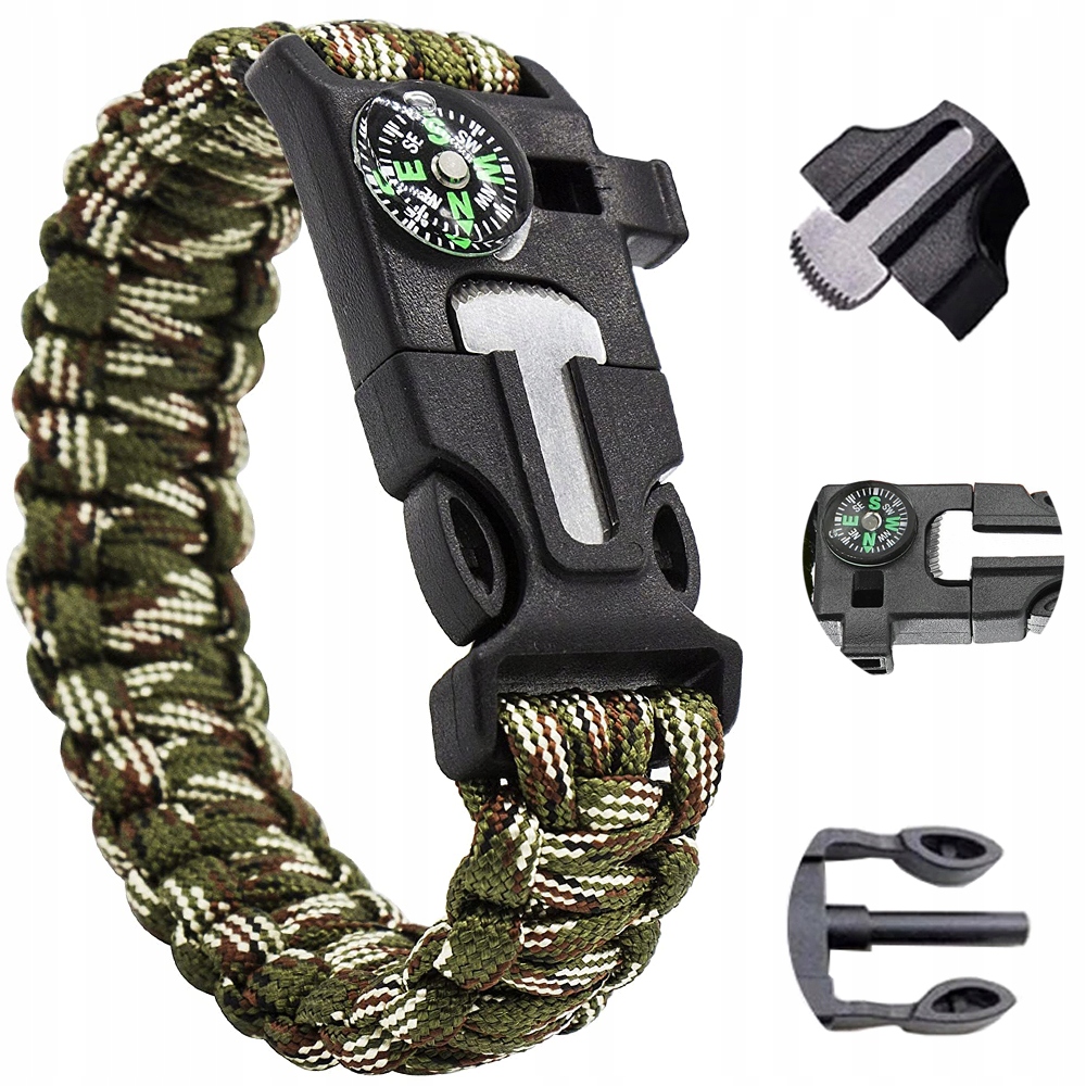 Parcordarmband 5-i-1 camouflage – kompass, tändstål, visselpipa, survival