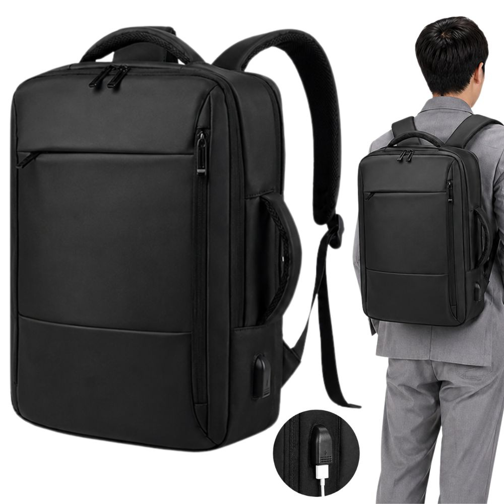 Rymlig kabinväska ryggsäck med usb-port – svart laptopryggsäck för resa