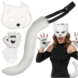 Katt / Räv Maskeradset 4-Delar – Mask, Svans & Tassar Vit