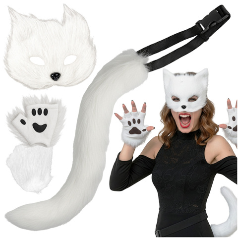 Katt / räv maskeradset 4-delar – mask, svans & tassar vit