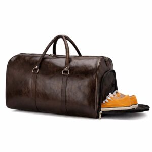 Rymlig Weekendbag med Skofack för Herr, 35L, Vattentålig PU-läder Gymväska, Mörkbrun