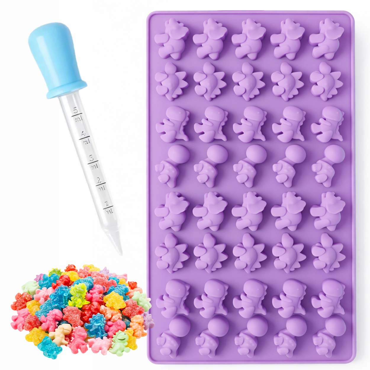 Silikonform dinosaurier med pipett – för gelé, godis & choklad