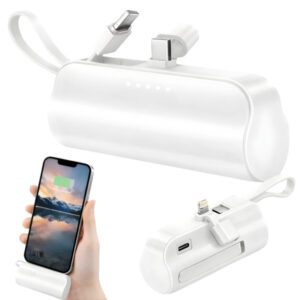 Powerbank 5000 mAh med Inbyggd Lightning & USB-C – Vit Kompakt Reseladdare (10W)