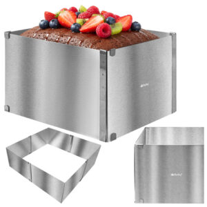 Justerbar rektangulär tårtform 20–38 x 24–45 cm, höjd 15 cm – bakram i rostfritt stål
