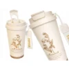 Termosmugg 530 ml med sugrör och handtag – isolerad mugg i rostfritt stål för varm och kall dryck, beige
