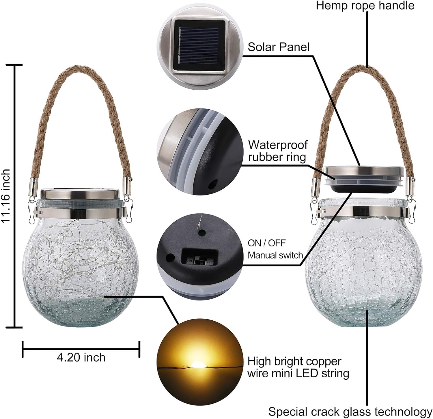 Solcellslykta i glas 4-pack – hängande led lampor med varmvitt ljus - bild 4