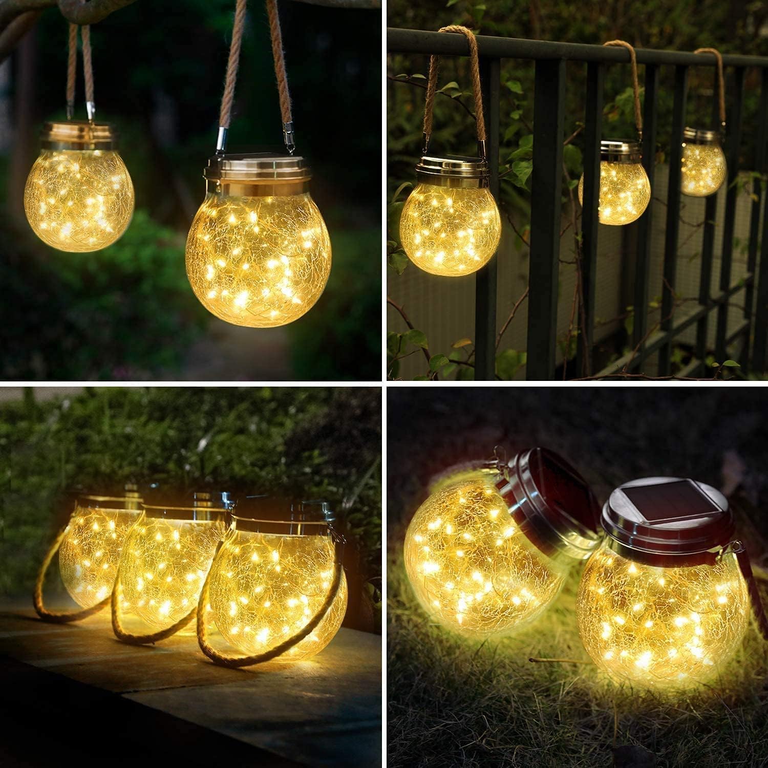 Solcellslykta i glas 4-pack – hängande led lampor med varmvitt ljus - bild 3