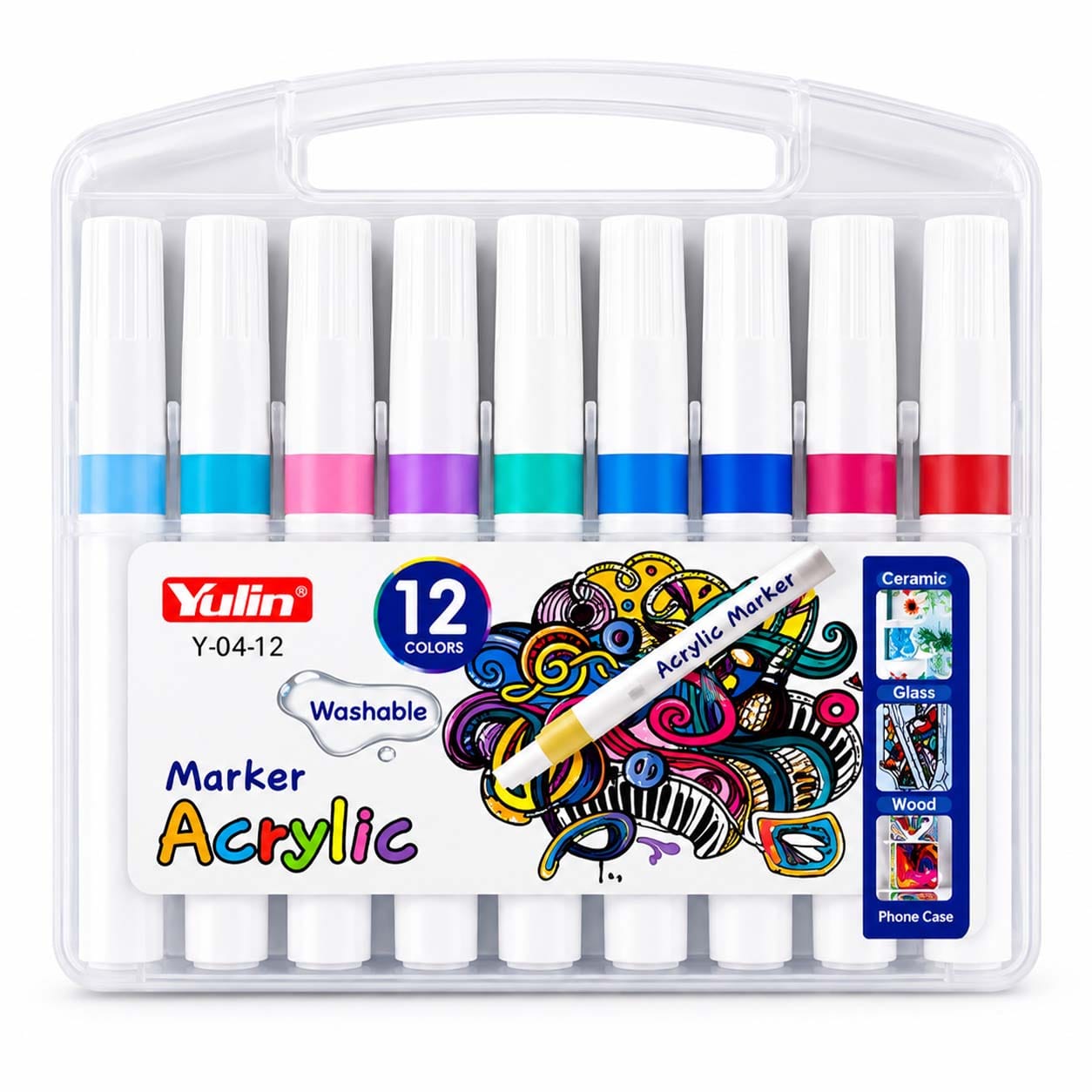 Akrylpennor 12-pack Tvättbara – Färgmarkörer för Stenmålning, Glas, Trä & Pyssel