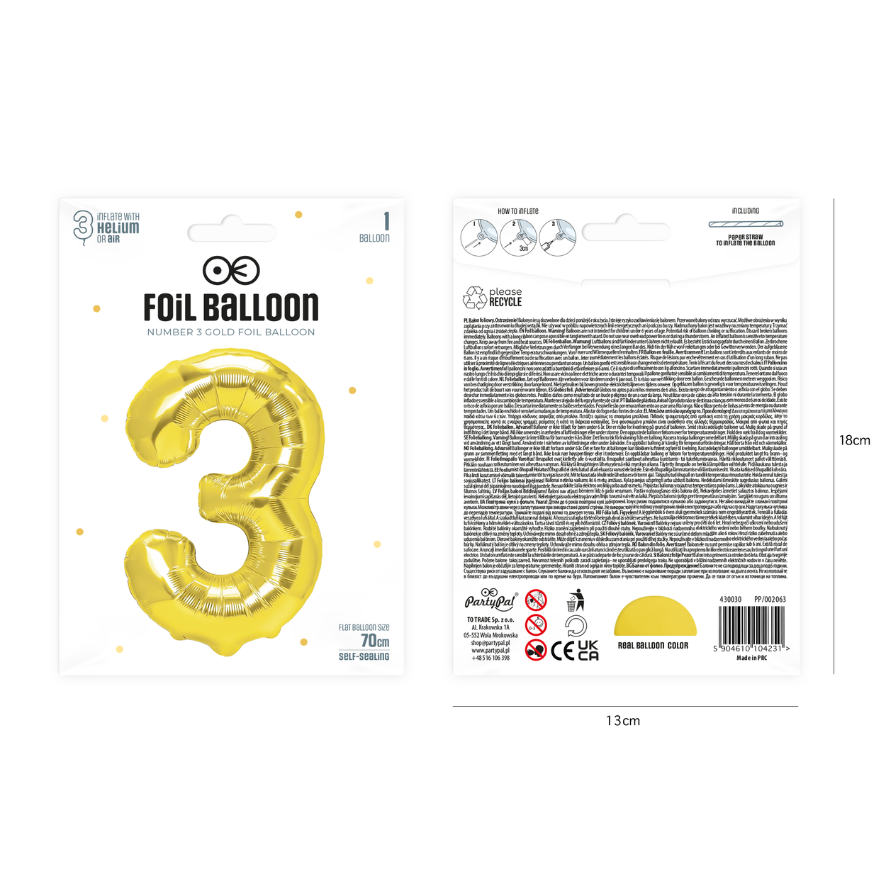 Folieballong siffra 3 guld 70 cm - bild 2