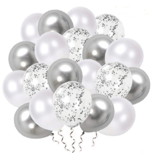 Ballongbukett Silver Vit med Konfetti 12 tum – 20-pack