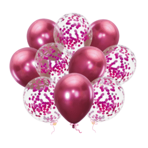 Ballongbukett Mörkrosa Chrome med Konfetti 12 tum – 10-pack