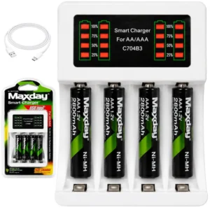 Batteriladdare för AA och AAA med 4 AAA-Batterier och USB-C