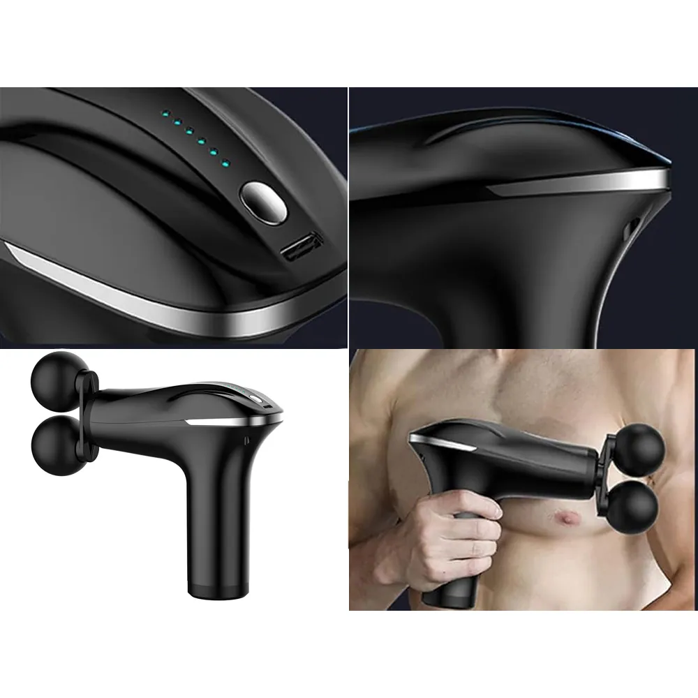 Kraftfull dubbel massagepistol för rygg och ben med 4 massagehuvuden