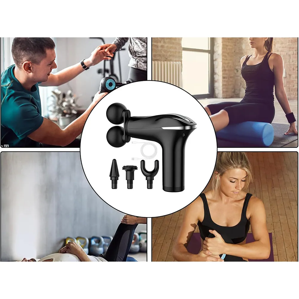 Kraftfull dubbel massagepistol för rygg och ben med 4 massagehuvuden