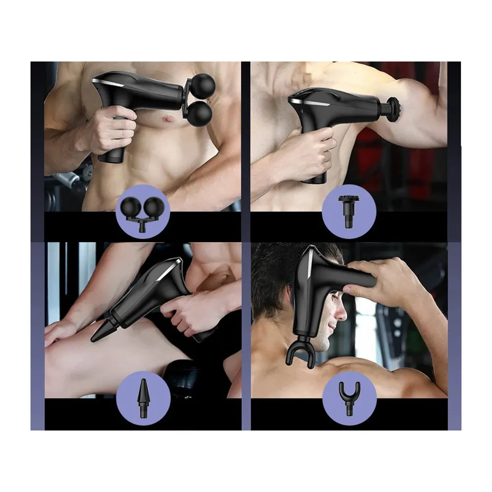 Kraftfull dubbel massagepistol för rygg och ben med 4 massagehuvuden