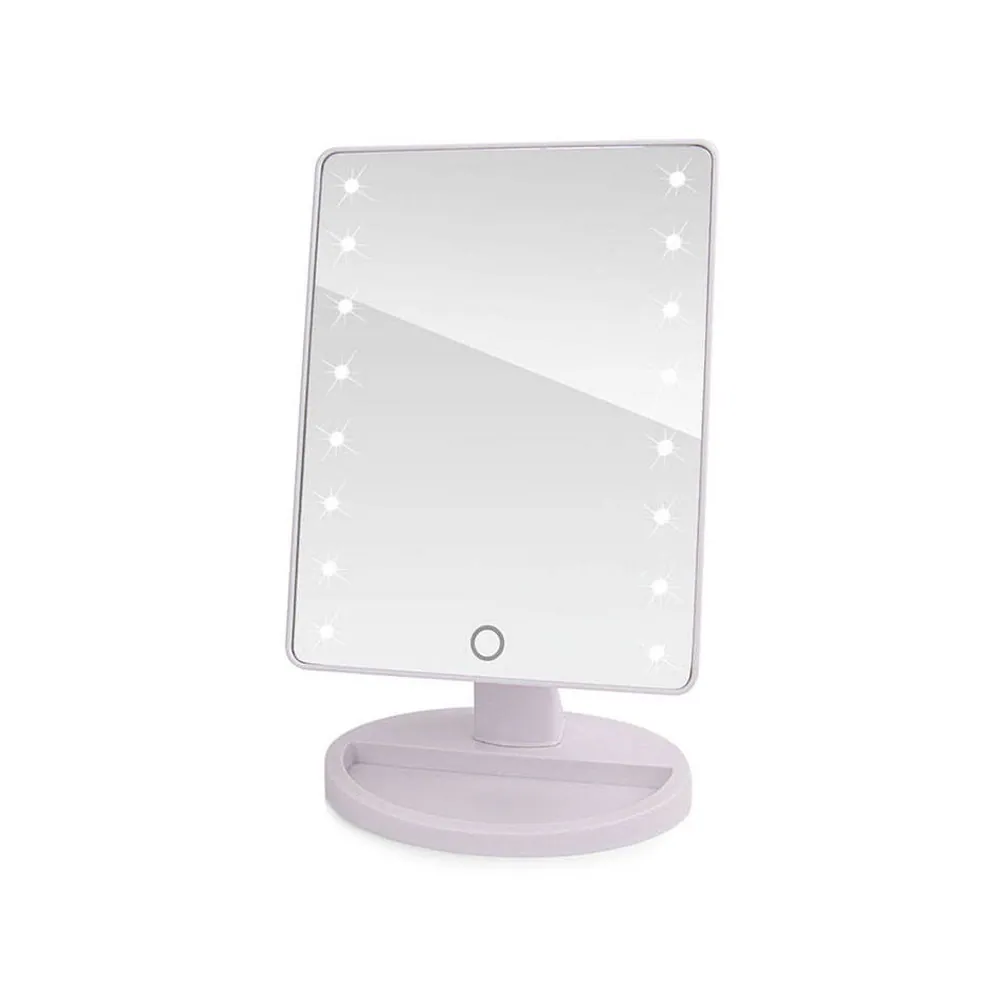 Stor sminkspegel med 16 led-ljus – vridbar 180°, touchstyrd belysning och stabil bordsfot, vit design