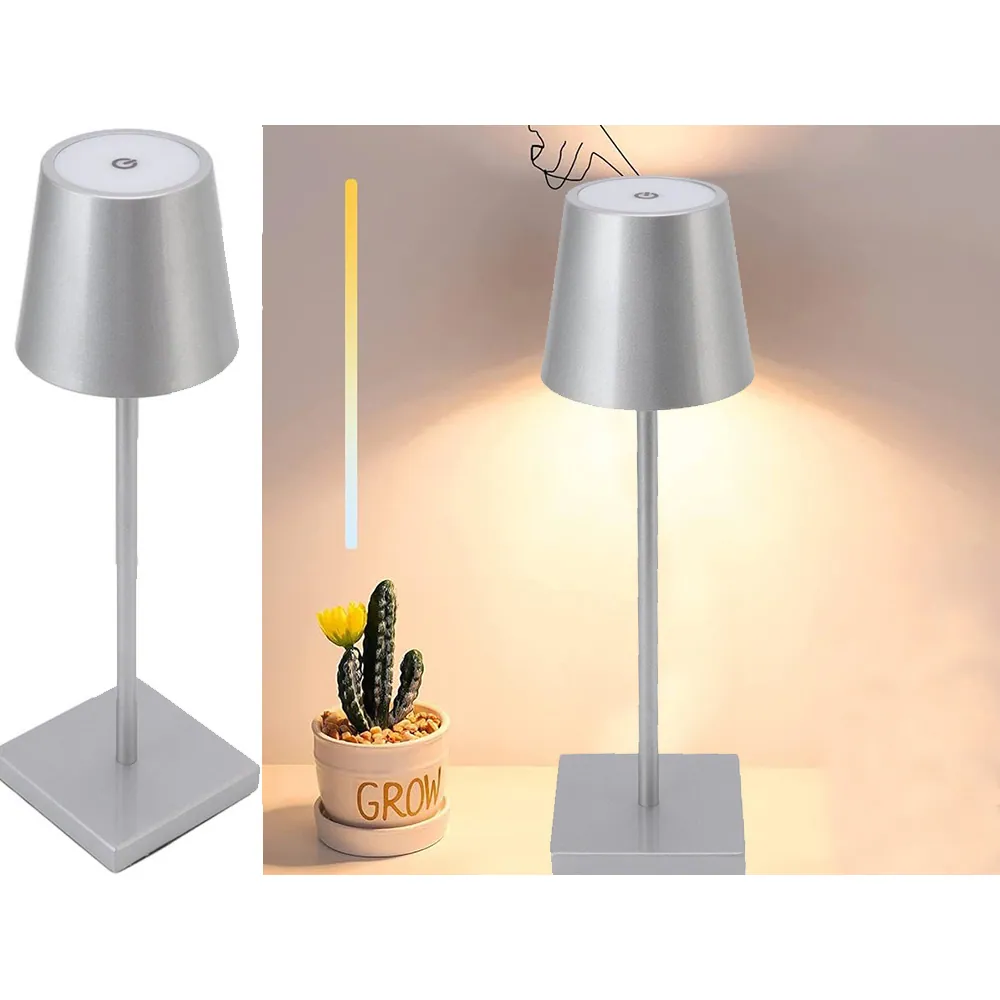 Trådlös bordslampa touch med 3 ljussteg usb-c uppladdningsbar silver - bild 2