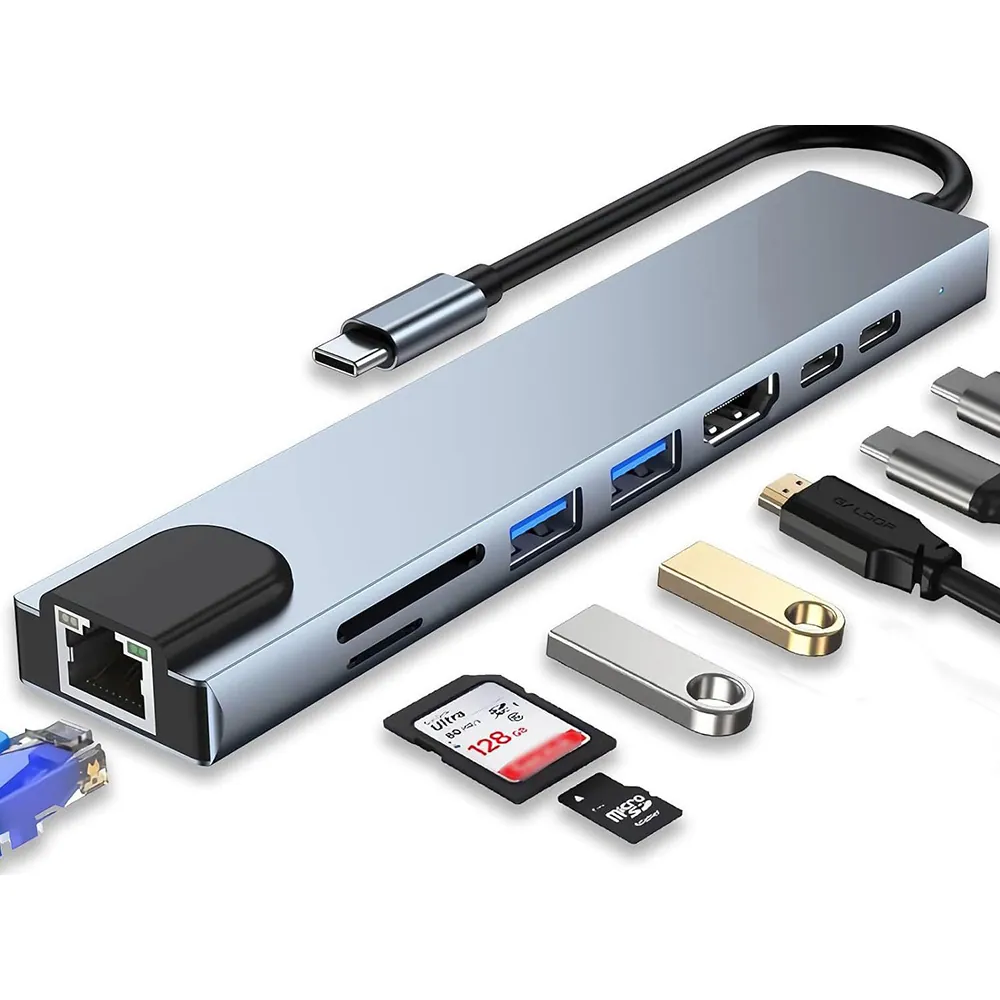 Usb hub 8-i-1 | 100w pd, thunderbolt 3, 4k 60hz hdmi, usb-c, sd, rj45 - bild 2