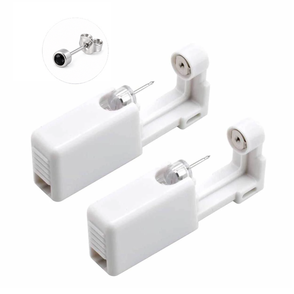 Engångsverktyg för öronhåltagning – silver, 3 mm topp med 2 mm svart kristall, 2-pack
