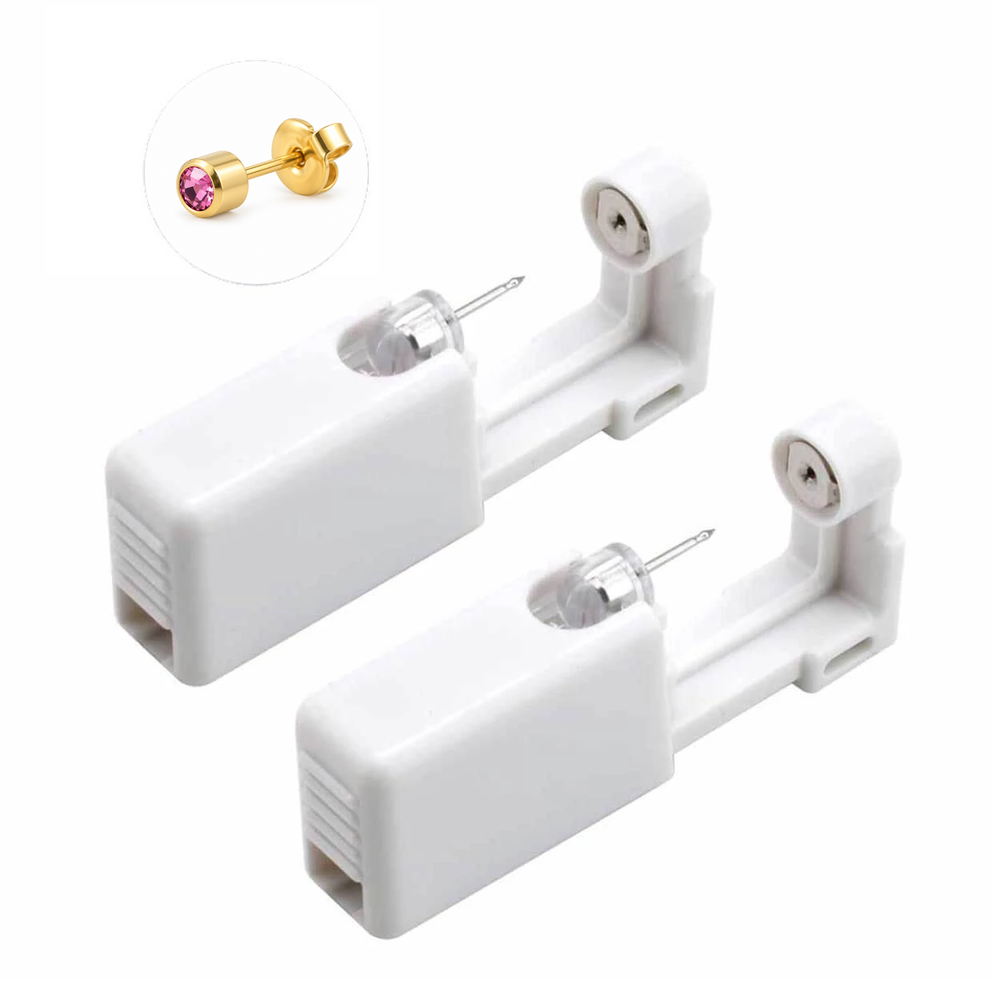 Engångsverktyg för öronhåltagning med 4 mm stud och 3 mm rosa kristall – guldfärgad, 2-pack