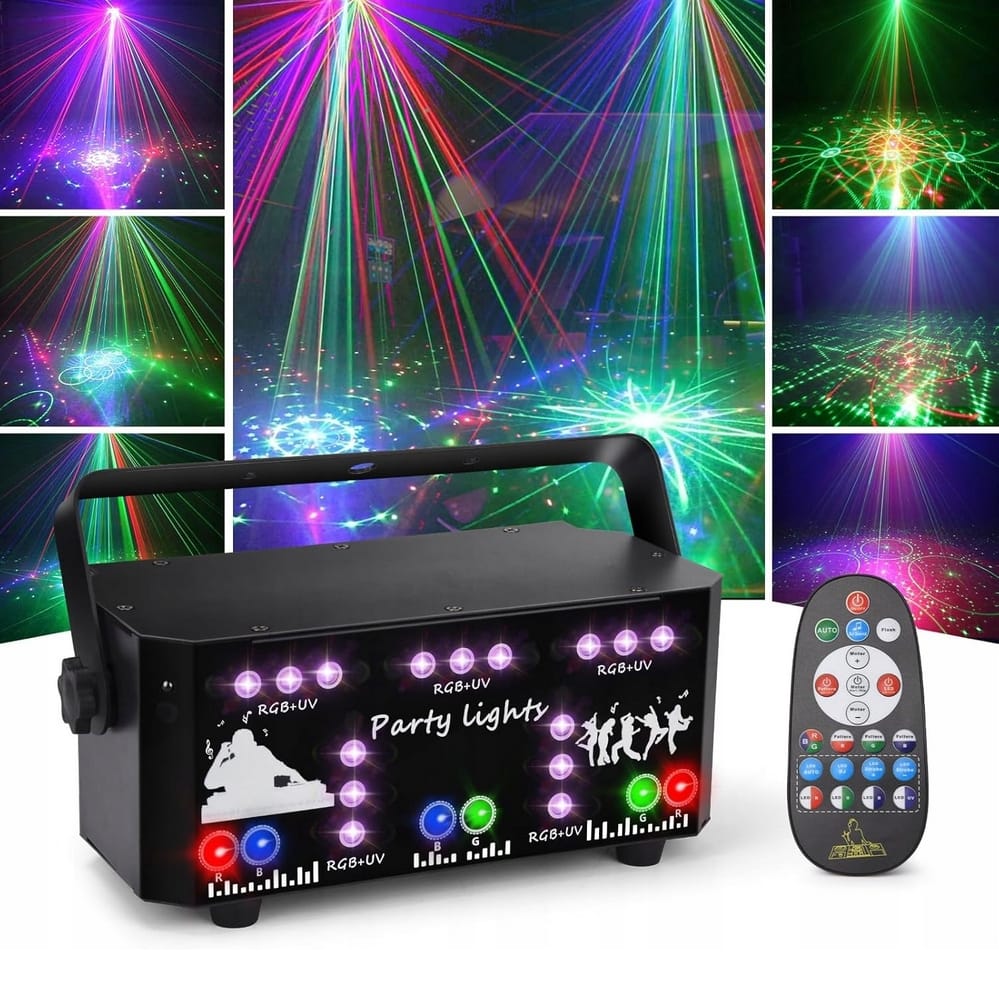 Laserprojektor 4-i-1 RGB med UV, DMX och Fjärrkontroll