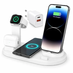 Trådlös Laddstation 6-i-1 – 15 W för Mobil, Smartwatch & Hörlurar Vit