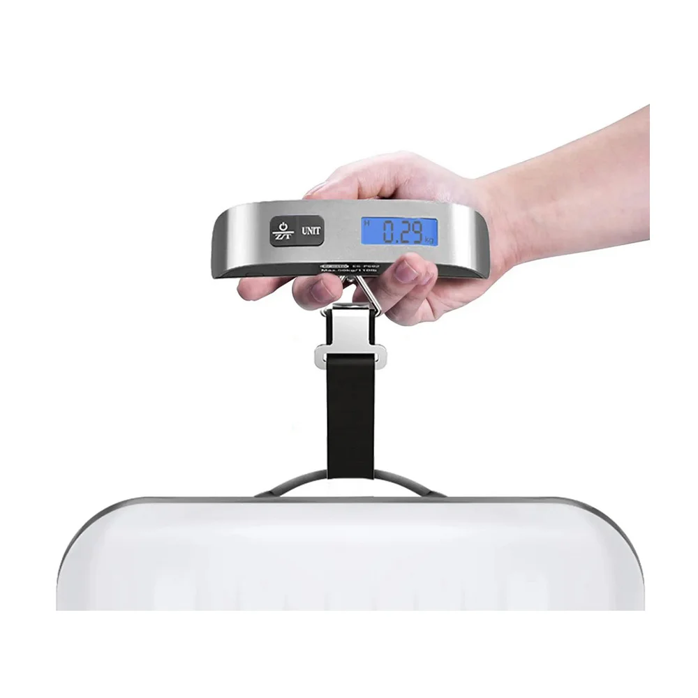 Digital bagagevåg 50 kg med rem, termometer och blå display